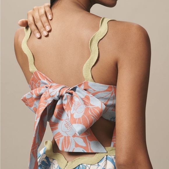 NWT FARM RIO x Anthropologie Linen Tiered Ric Rac Midi Dress, XS P - Picture 2 of 3